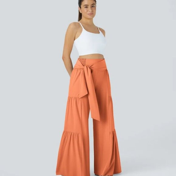 HALARA Pants - Halara Pants High-Waisted Tiered Wide-Leg Size M Orange Sash Belt Breezeful NEW